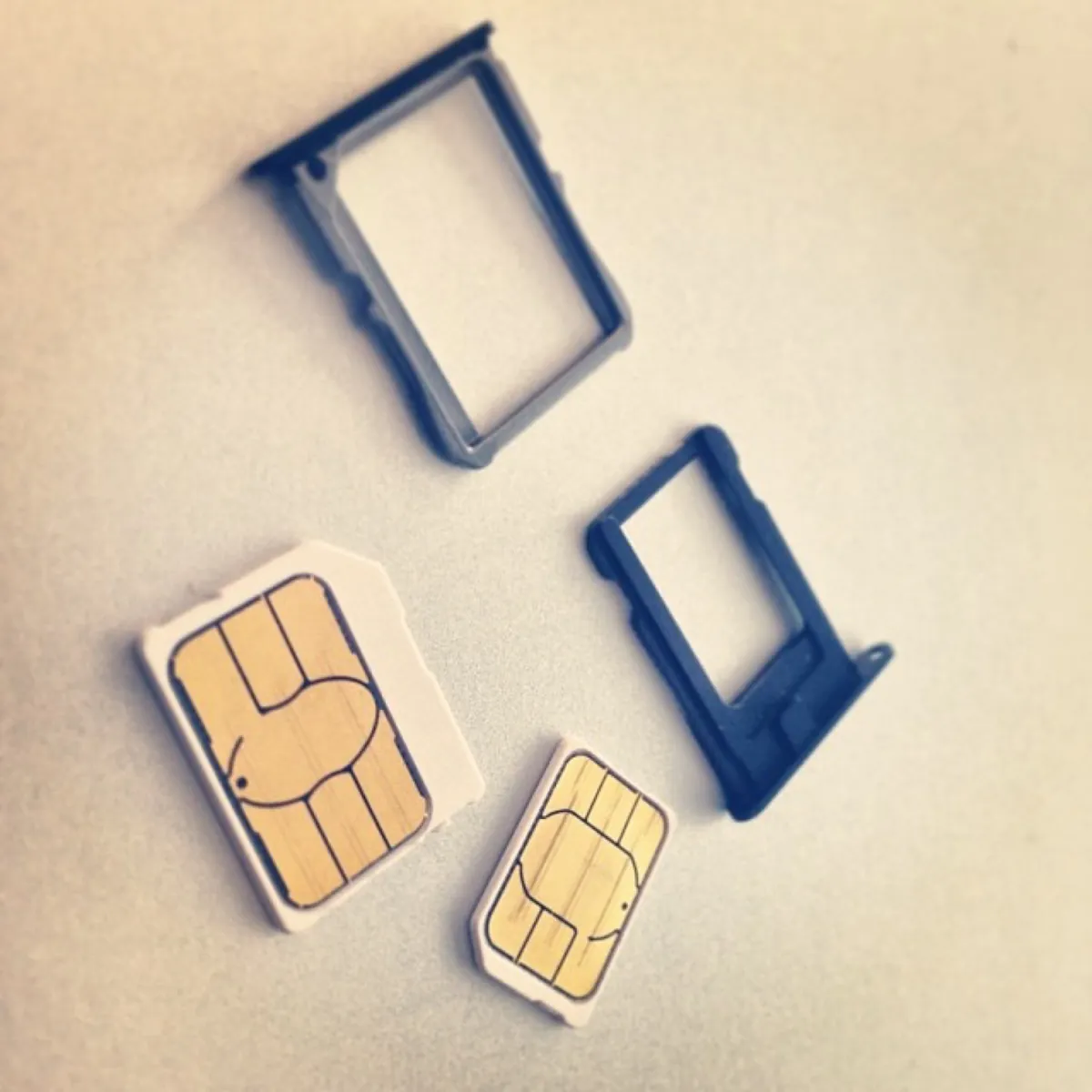 Micro SIM and nano SIM cards next to their phone trays